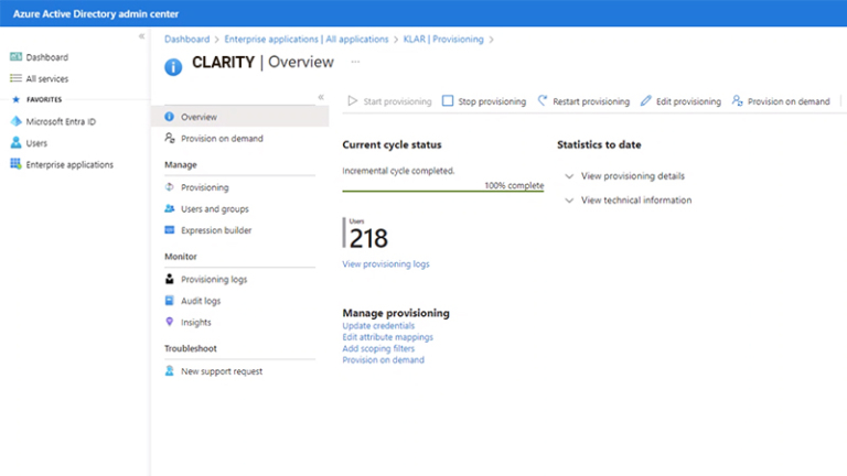 Initiate the transfer of user accounts to Clarity in your identity provider (depicted here: Azure AD).