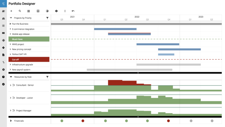 Meisterplan: Gantt chart, resource histogram and finances in the portfolio designer